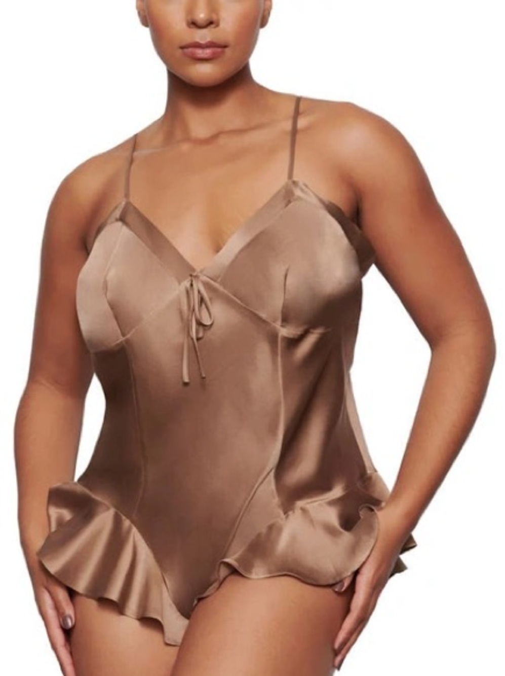 SKIMS 95% Silk Metallic Bronze Ruffle Bodysuit Size Medium